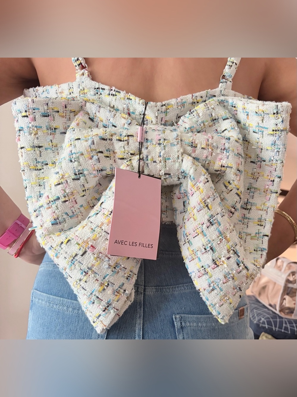 NWT Avec Les Filles Tweed Bow Back Crop Top - XL - Picture 2 of 13